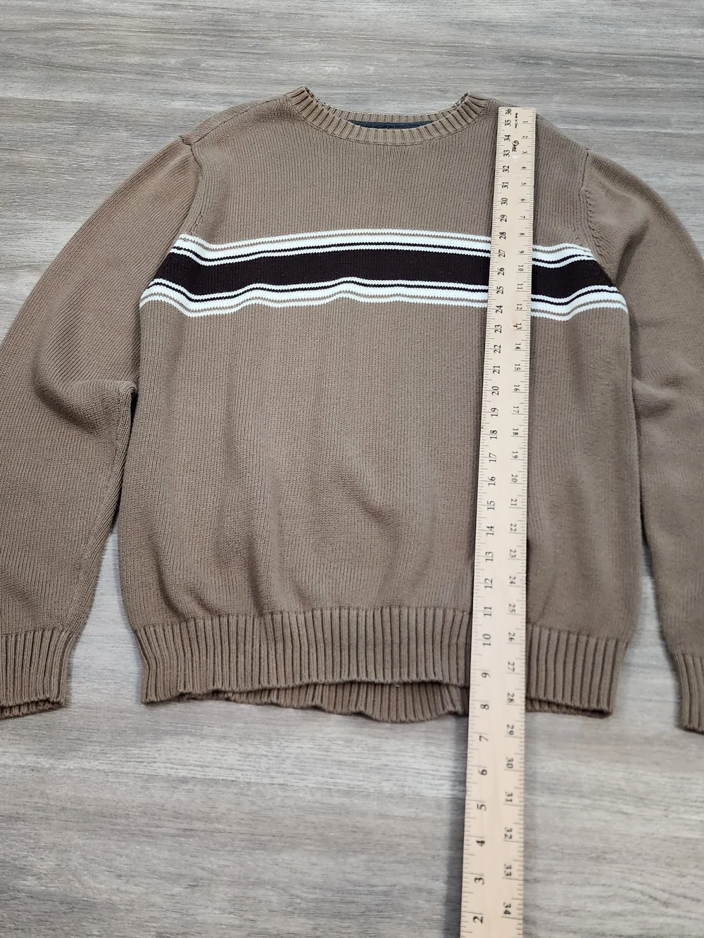 St. John's Bay Tan Crewneck Sweater with Brown and White Stripes